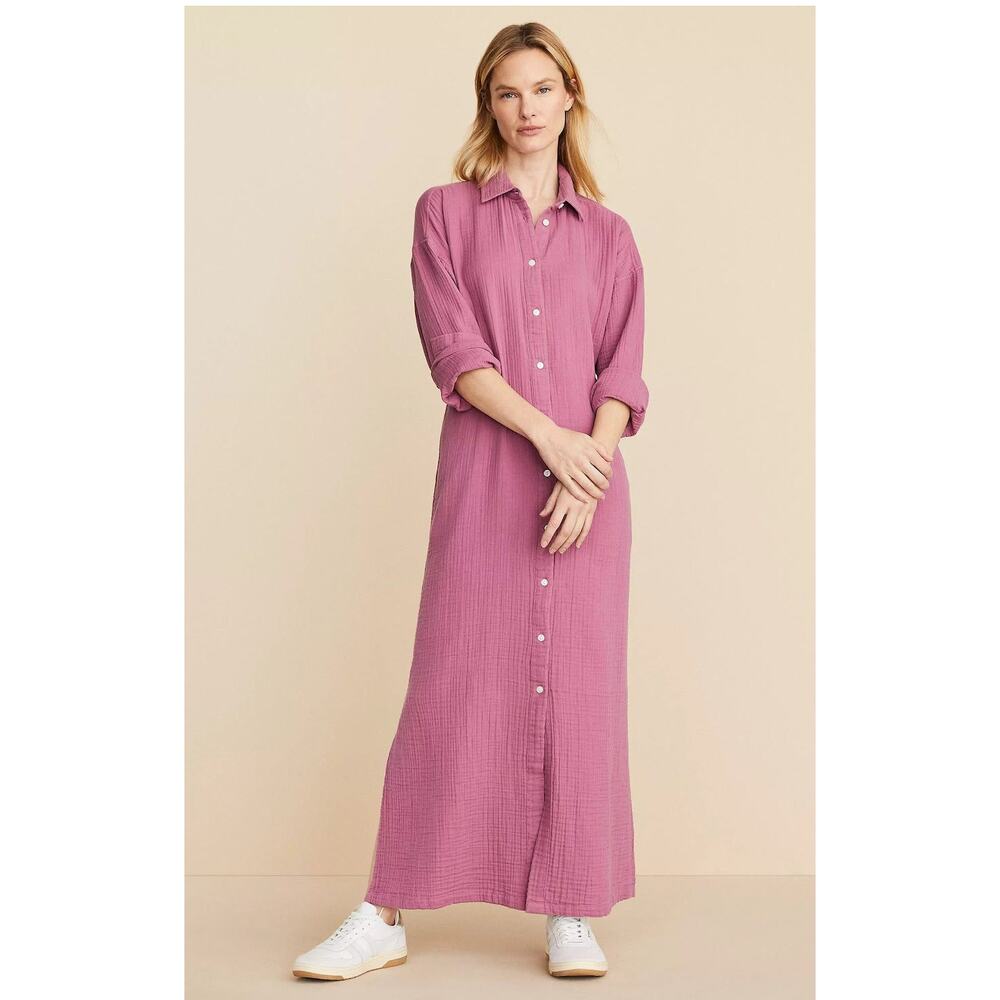Lou & Grey Gauze Cotton Maxi Shirt Dress Button Front Pink NWT Size M
